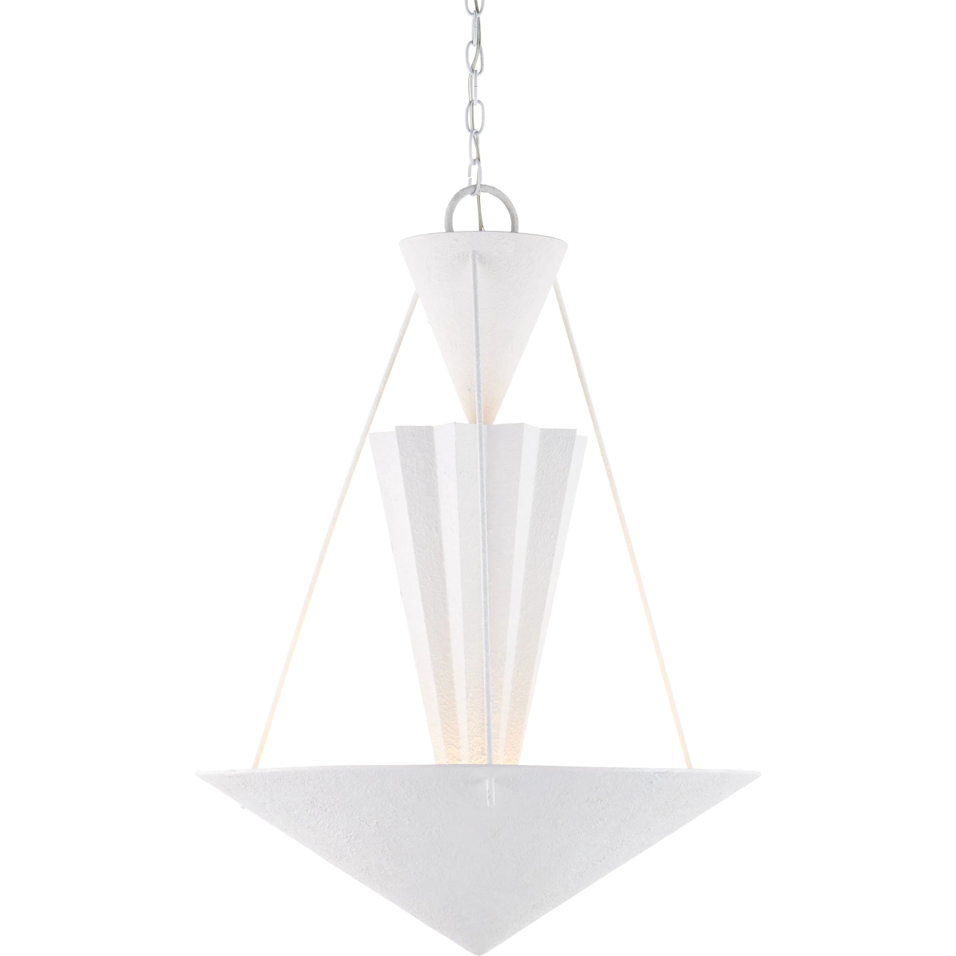 Empyrean Chandelier by Currey and Company in yeso blanco. Made from wrought iron in a modern style.