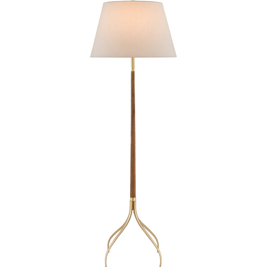 Circus Floor Lamp by Currey and Company in natural, brushed brass. Made from wood, brass in a modern style.