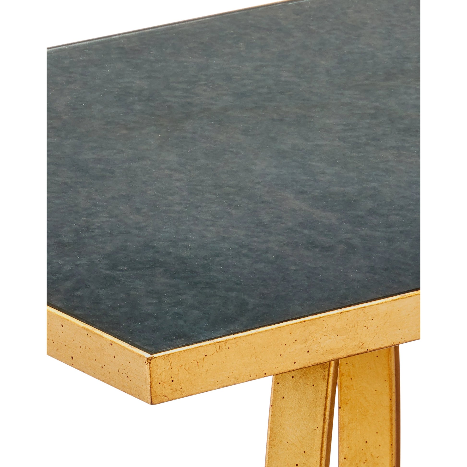 Bangle Accent Table by Currey and Company in gold leaf. Made from iron, glass in a modern style.