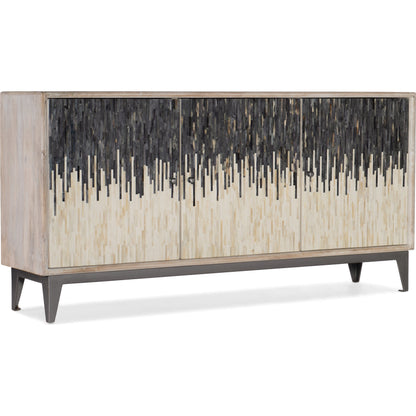 Three Door Entertainment Console by Hooker Furniture in rustic light mango. Made from mango wood with iron, bone in a transitional style.