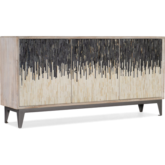 Three Door Entertainment Console by Hooker Furniture in rustic light mango. Made from mango wood with iron, bone in a transitional style.