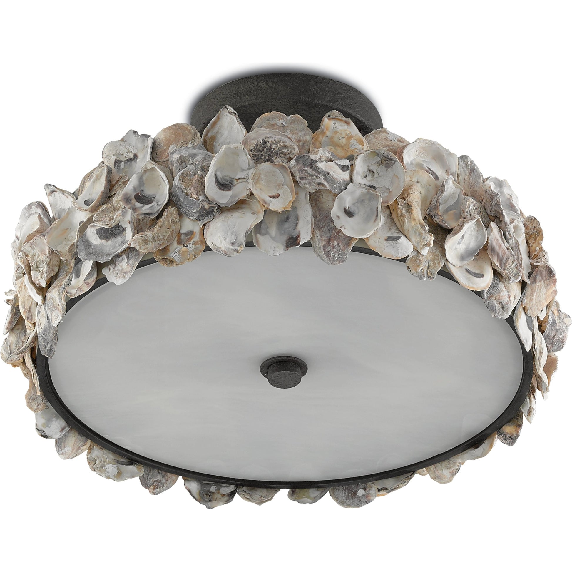Oyster Semi-Flush by Currey and Company in textured bronze, natural, frosted glass. Made from wrought iron, oyster shell, glass in a coastal style.