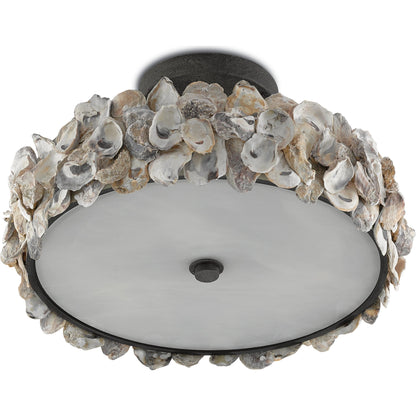 Oyster Semi-Flush by Currey and Company in textured bronze, natural, frosted glass. Made from wrought iron, oyster shell, glass in a coastal style.