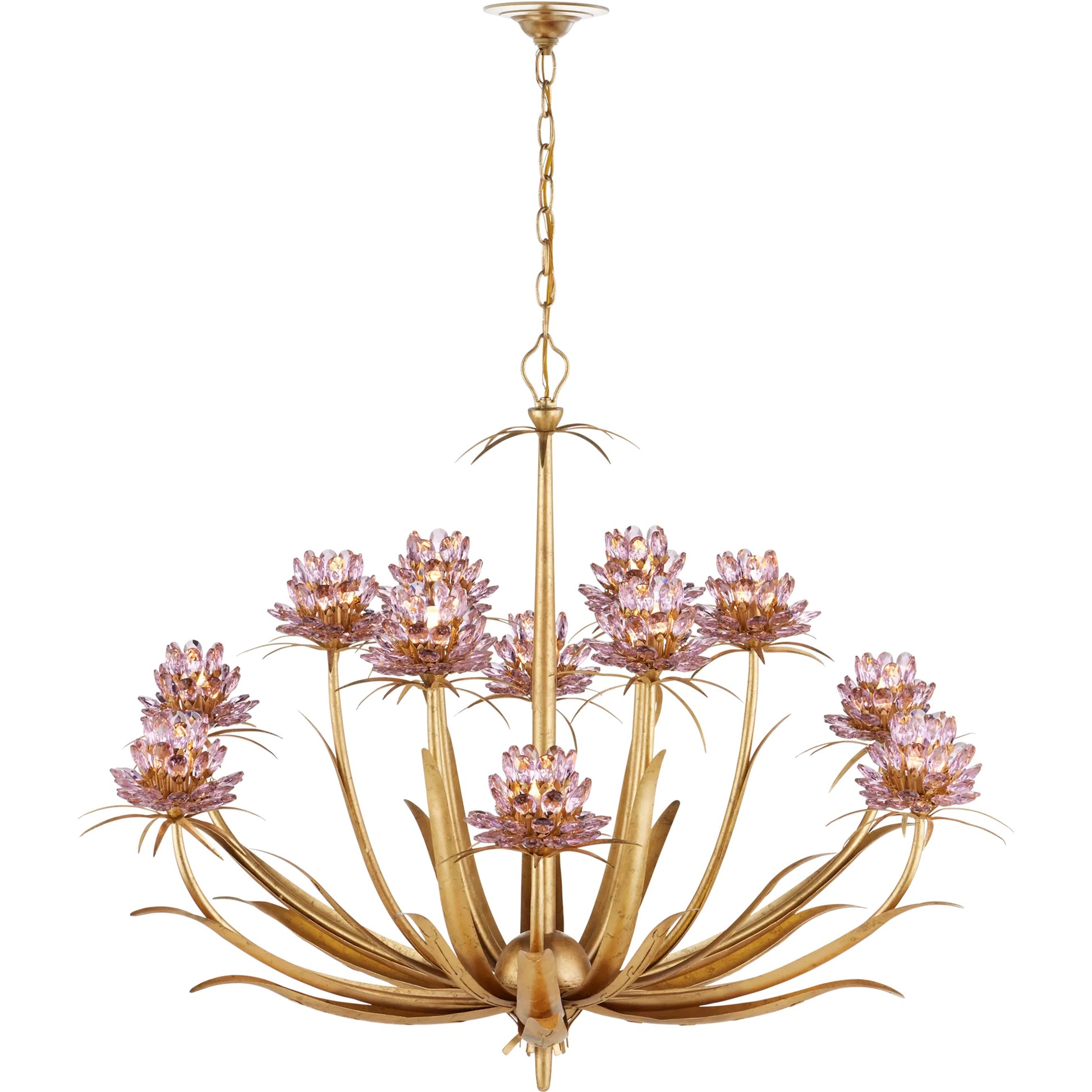 Marilee Chandelier by Currey and Company in pink, dutch gold leaf. Made from crystal, wrought iron in a eclectic & global style.