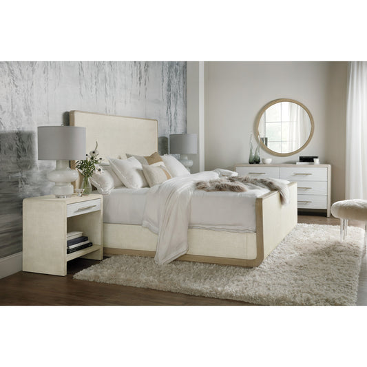 Cascade Nightstand by Hooker Furniture in pebble beach, chalk. Made from cast resin drawer fronts, burlap in a cottage & farmhouse style.