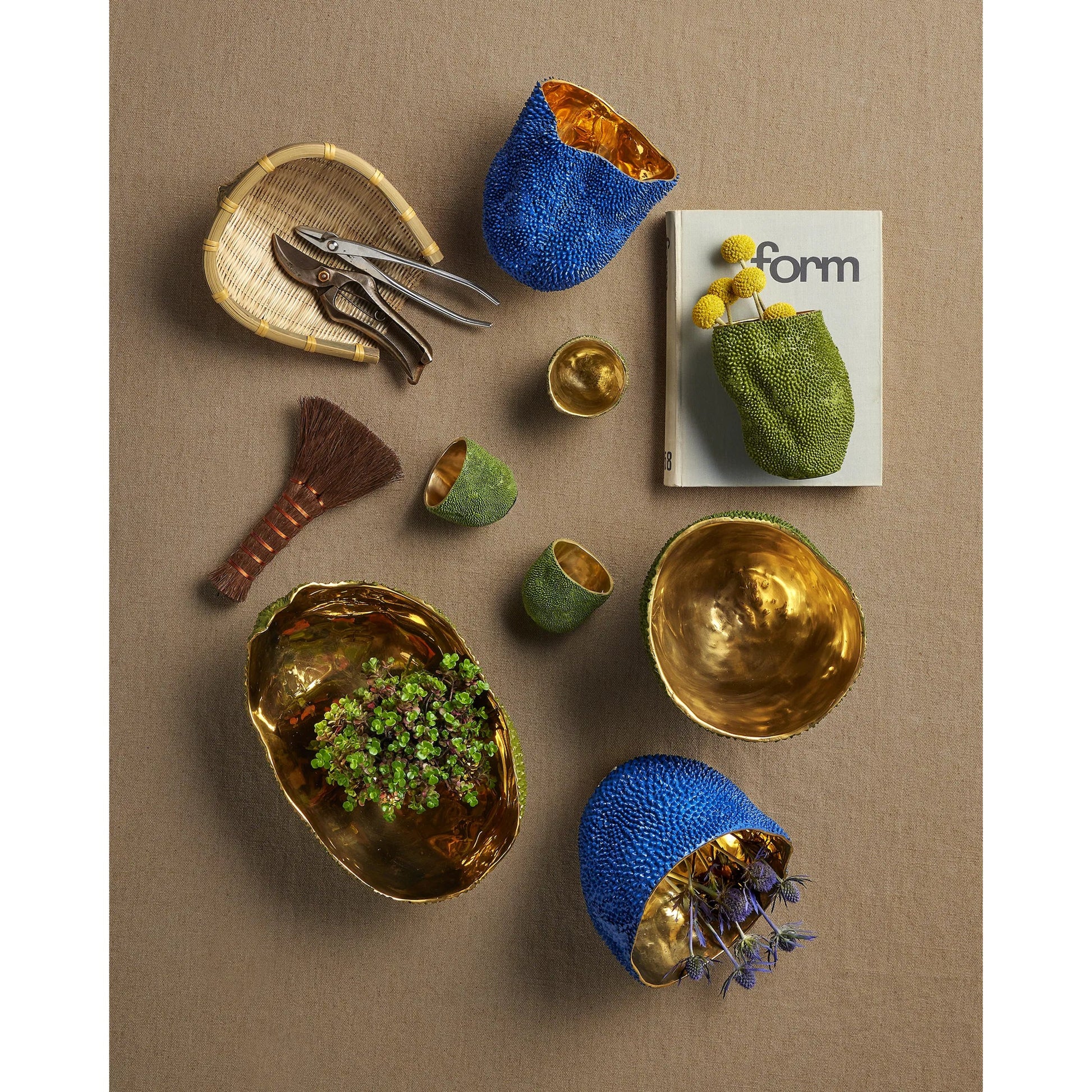 Jackfruit Vase by Currey and Company in green, gold. Made from bronze in a coastal style.