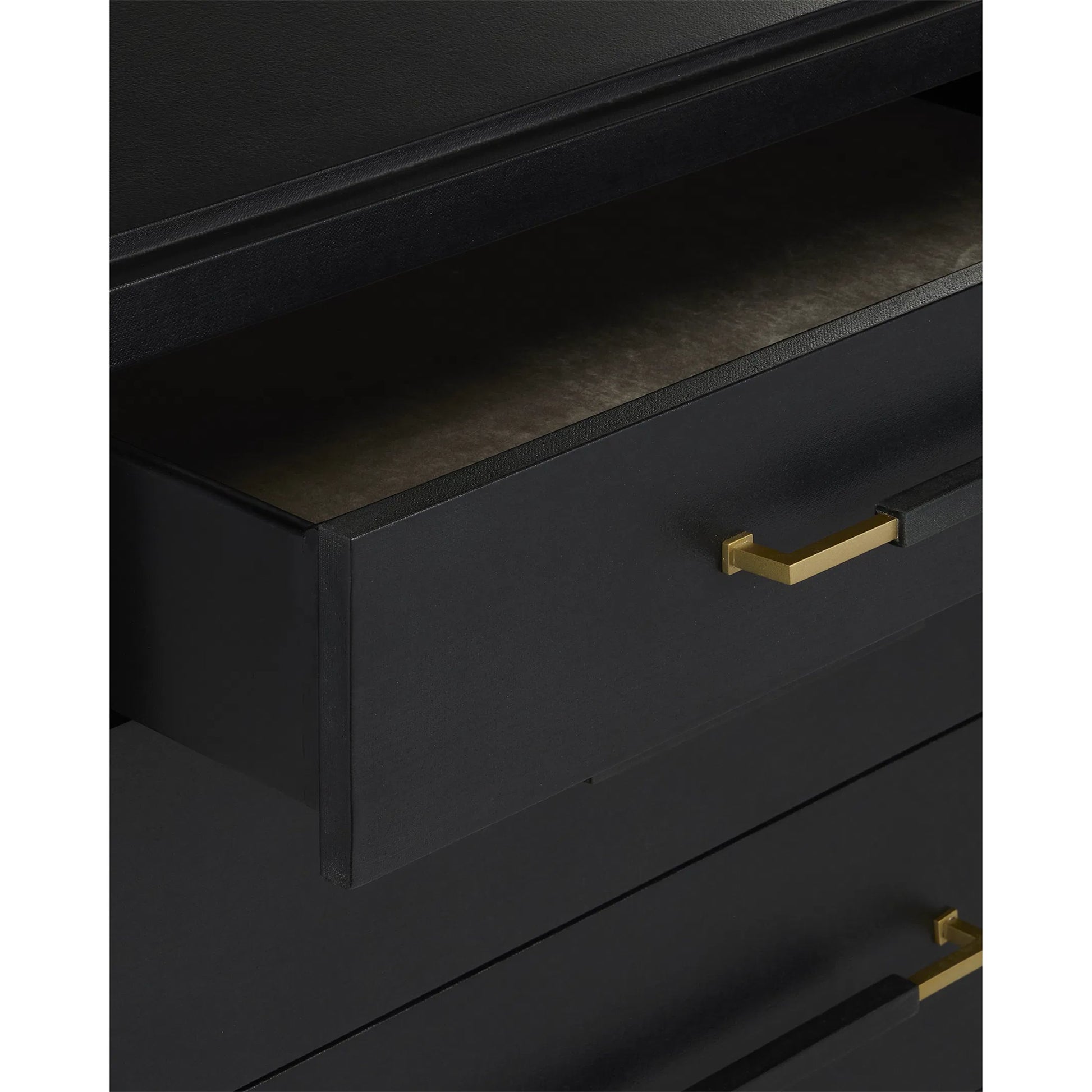 Verona Six-Drawer Chest by Currey and Company in black, natural, champagne, silver. Made from lacquered linen, mahogany, engineered wood, metal, faux velvet in a modern style.