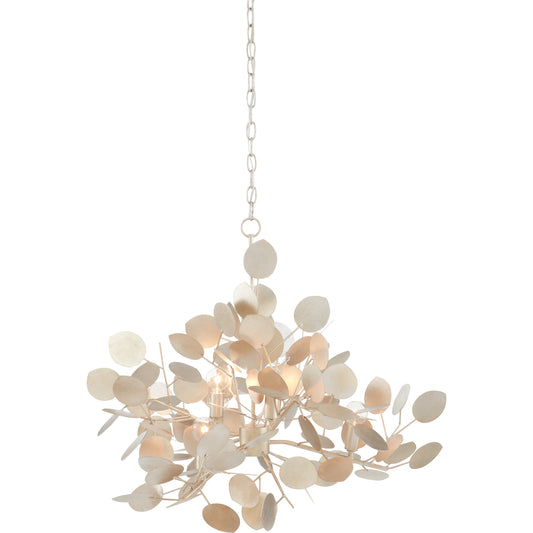 Lunaria Chandelier by Currey and Company in contemporary silver leaf. Made from wrought iron in a transitional style.