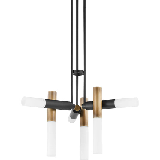 Koa Chandelier by Troy in patina brass, soft black. Made from steel in a modern style.
