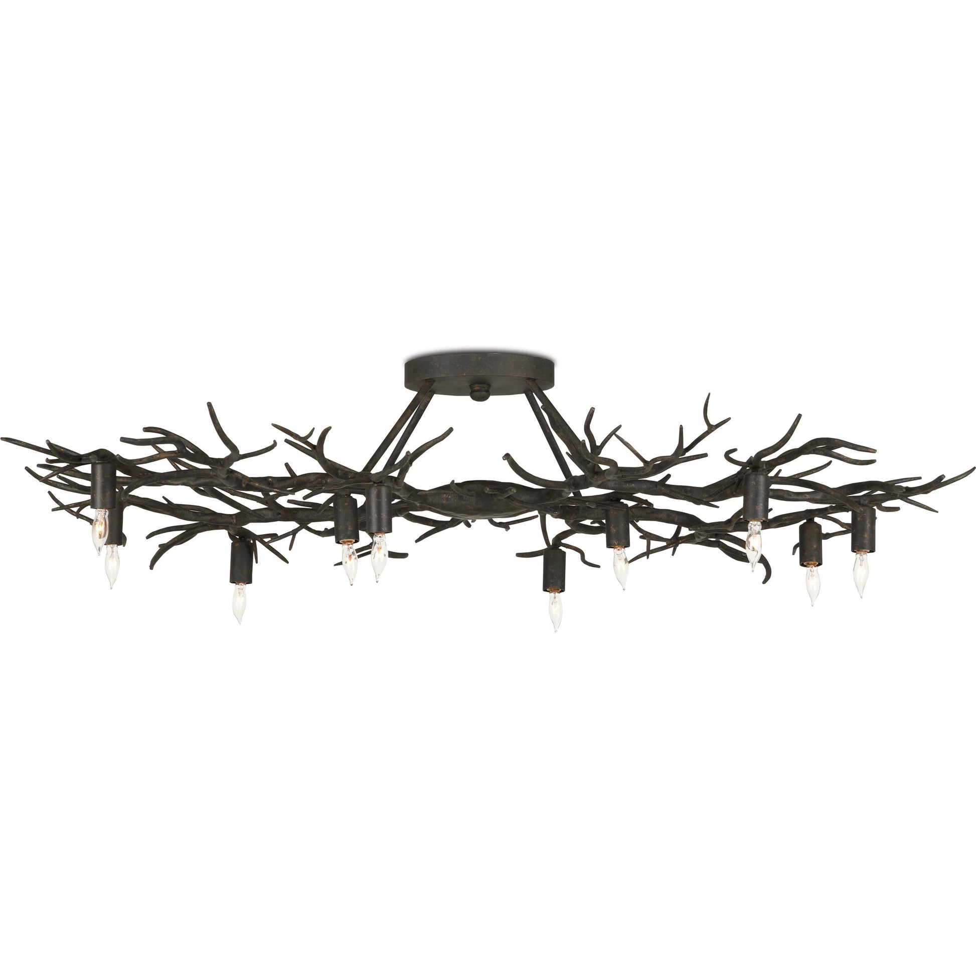 Rainforest Semi-Flush by Currey and Company in rustic bronze. Made from wrought iron in a modern style.