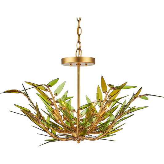 Babylon Pendant by Currey and Company in green, contemporary gold leaf. Made from recycled bottle glass, wrought iron in a unique style.