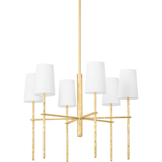 River Six Light Chandelier by Troy in vintage gold leaf. Made from steel in a modern style.