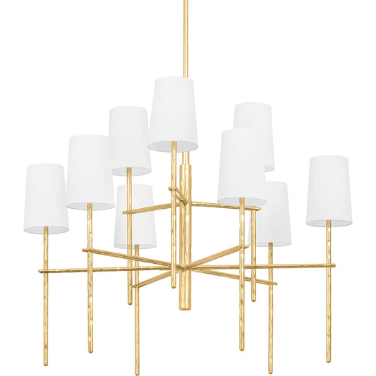 River Nine Light Chandelier by Troy in vintage gold leaf. Made from steel in a modern style.