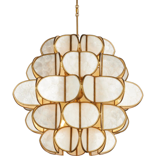 Galatea Chandelier by Currey and Company in natural, brass. Made from capiz shell, wrought iron in a eclectic & global style.