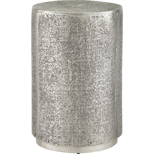 Kabeen Accent Table by Currey and Company in antique silver. Made from cast aluminum in a modern style.