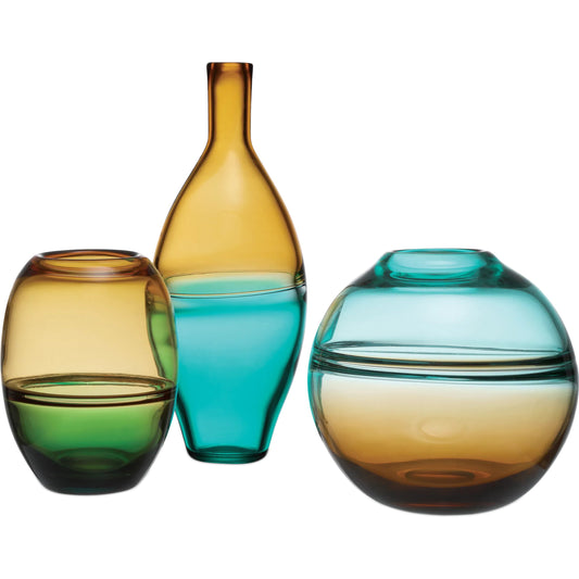 Tapio Vase Set by Currey and Company in aqua blue, amber, green. Made from glass in a unique style.