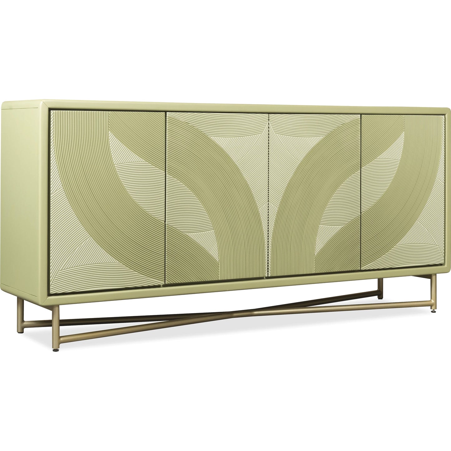 001 SI-2458544 | Primary Silo | Commerce and Market Into the Woods Credenza by Hooker Furniture in green painted, gold metal. Made from metal tube, alder solids, basswood veneers, resin in a modern style.