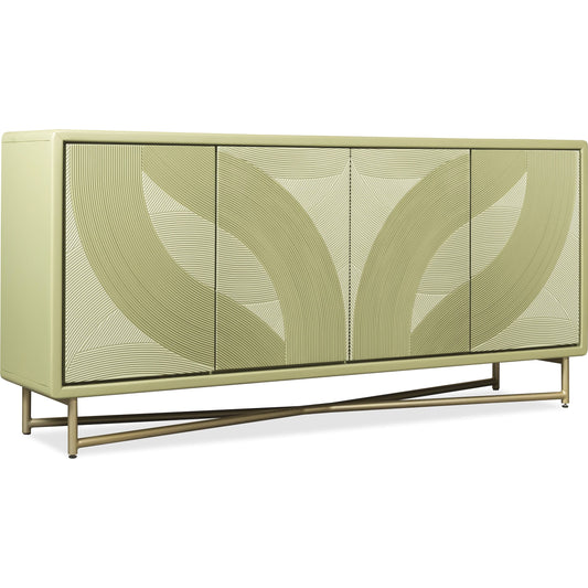 Commerce and Market Into the Woods Credenza by Hooker Furniture in green painted, gold metal. Made from metal tube, alder solids, basswood veneers, resin in a modern style.