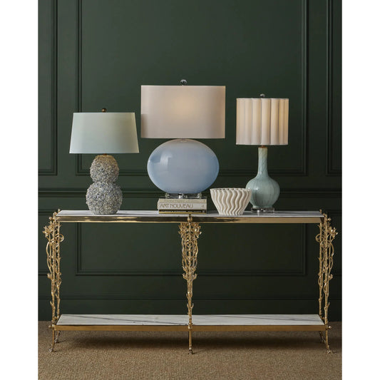 Celadon Crackle Table Lamp by Currey and Company in celadon crackle, clear, antique brass. Made from porcelain, optic crystal, metal in a modern style.