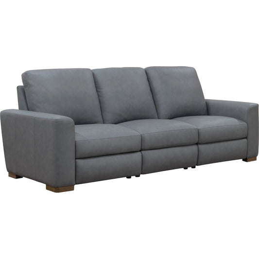 Optimus Three Seat Sofa by Hooker Furniture in grey and dark wood. Made from semi-aniline top grain leather, leather in a unique style.