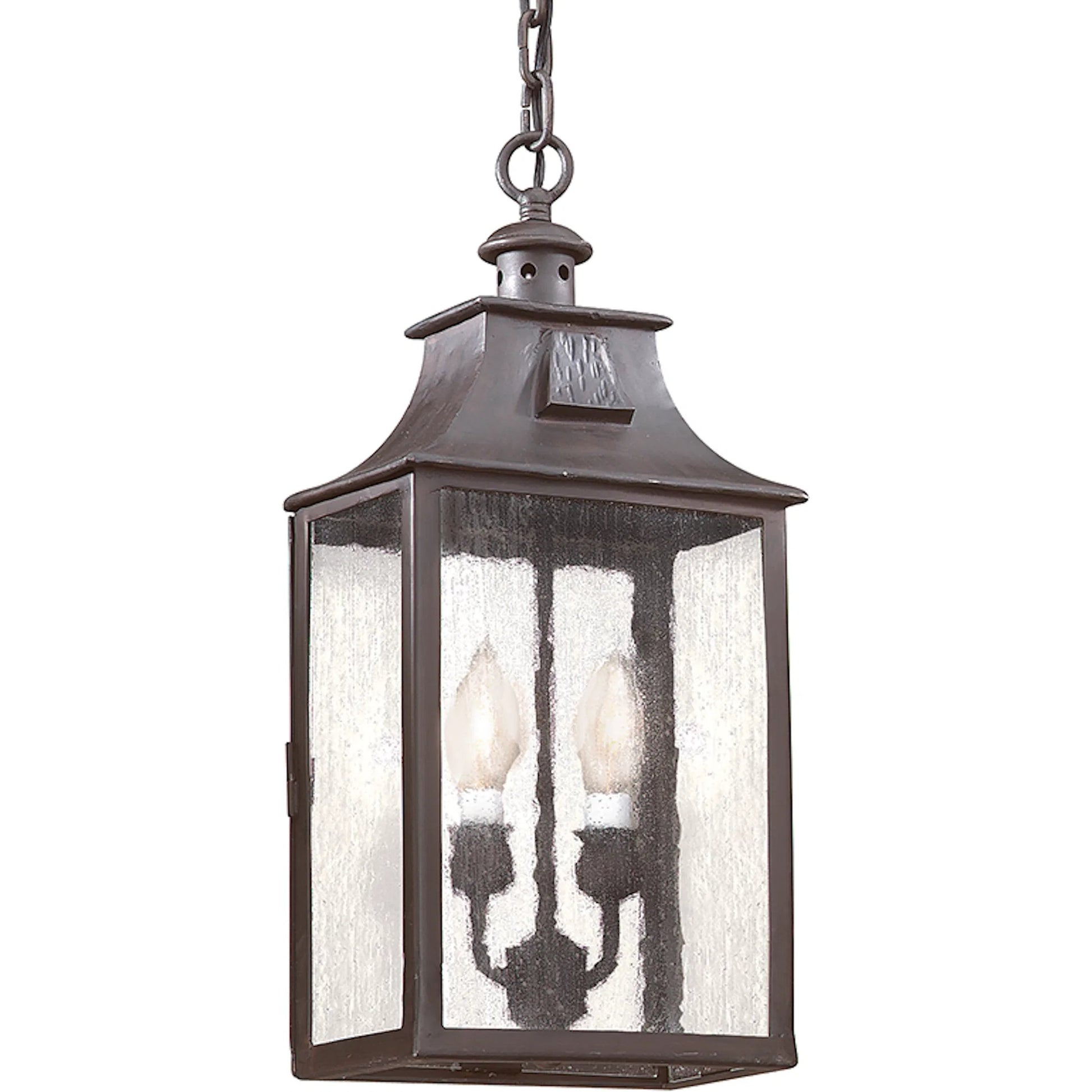 Newton Hanging Lantern by Troy in old bronze. Made from hand forged iron in a traditional style.