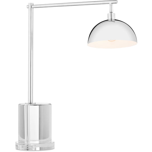 Repartee Desk Lamp by Currey and Company in polished nickel, clear. Made from metal, optic crystal in a modern style.