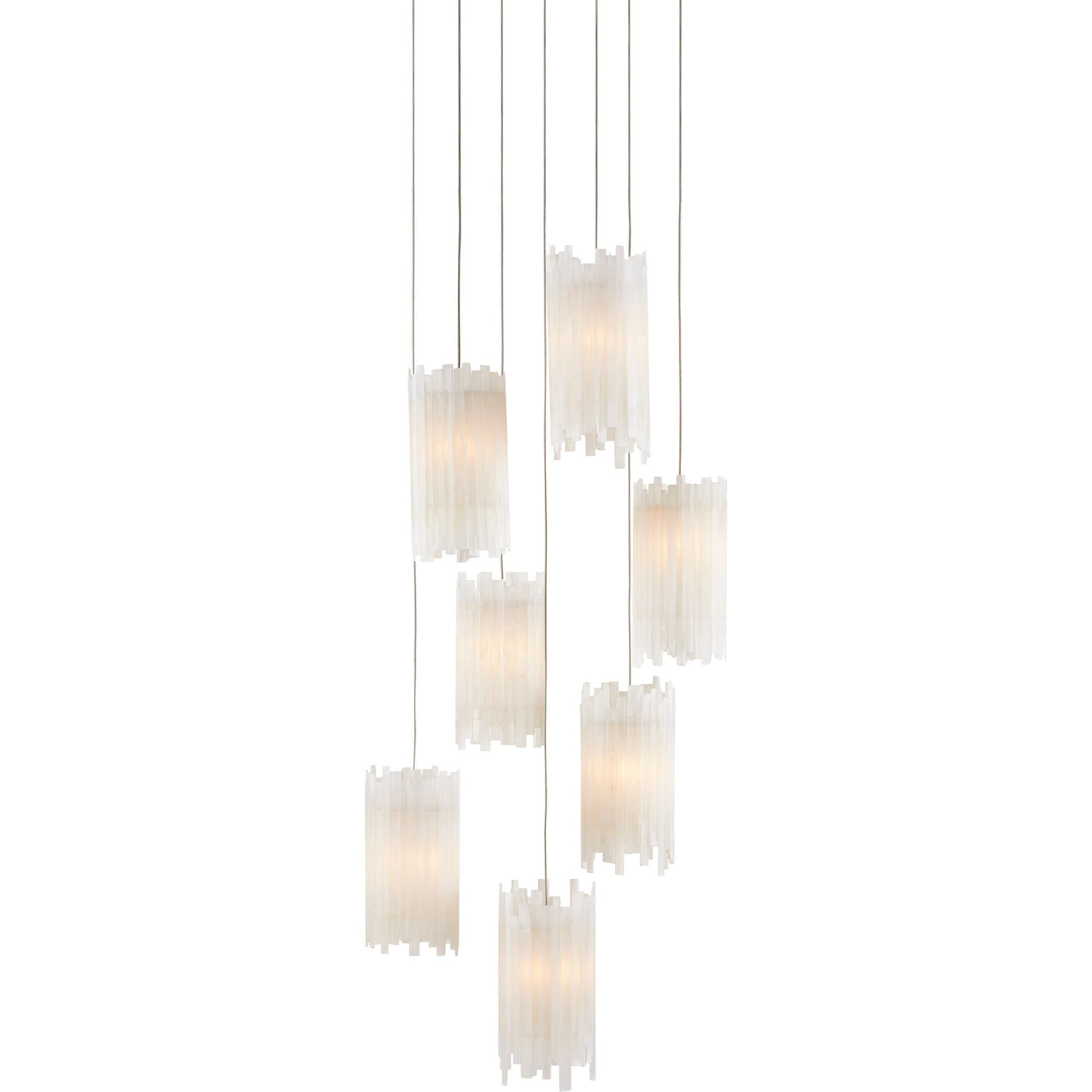 Escenia 7-Light Multi-Drop Pendant by Currey and Company in natural selenite, silver. Made from selenite, frosted glass in a transitional style.
