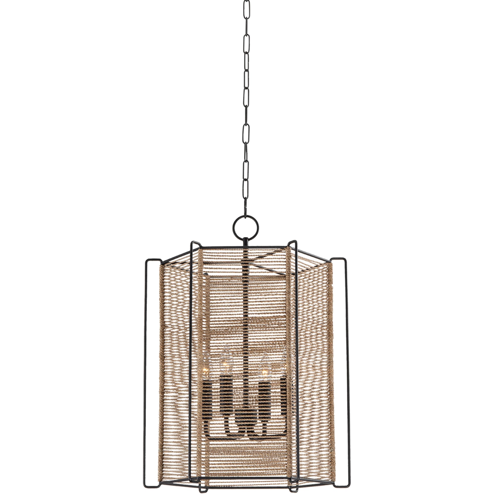 Ramon 4 Light Lantern by Troy in textured black. Made from iron in a cottage & farmhouse style.