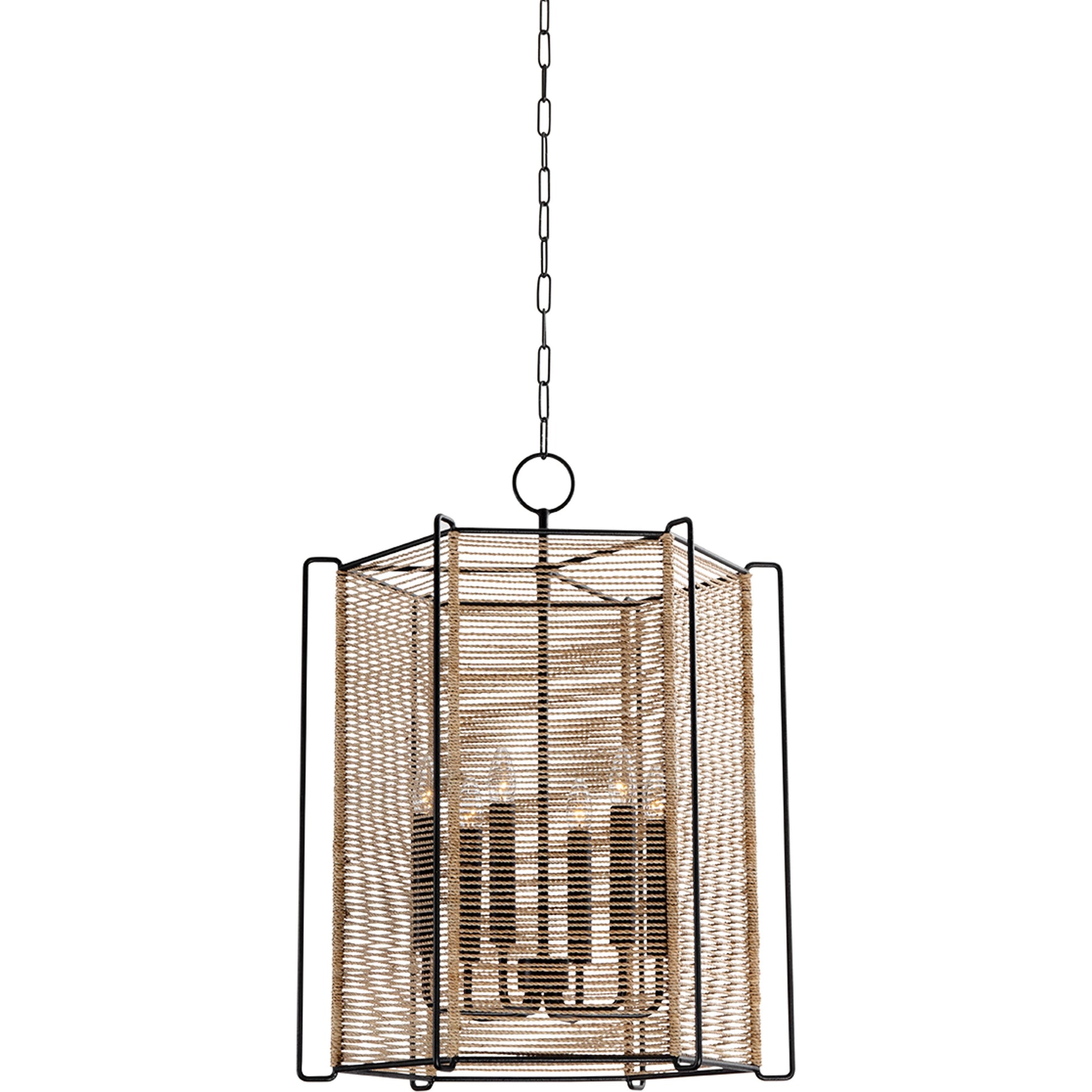 Ramon 6 Light Lantern by Troy in textured black. Made from iron in a cottage & farmhouse style.
