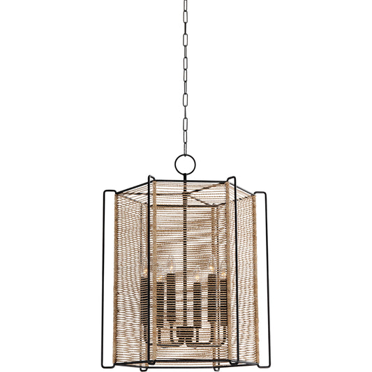 Ramon 6 Light Lantern by Troy in textured black. Made from iron in a cottage & farmhouse style.
