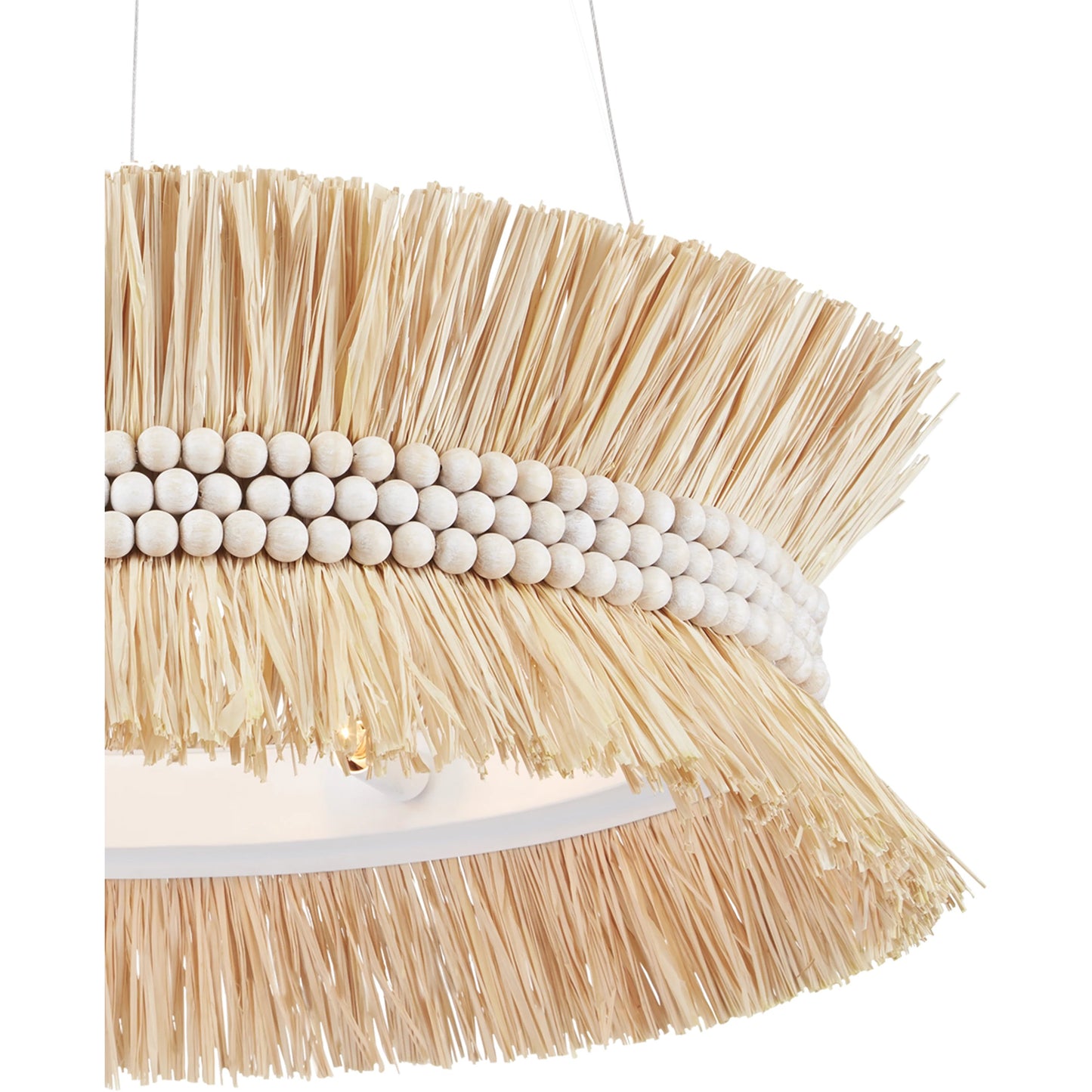 005 SI-1894555 | Closeup | Seychelles Chandelier by Currey and Company in sugar white, natural raffia. Made from wrought iron, raffia, wood beads in a coastal style.