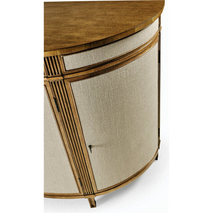 Reimagined Inductance Demilune by Jonathan Charles in fruitwood, performance linen. Made from acacia, foam, fabric in a transitional style.