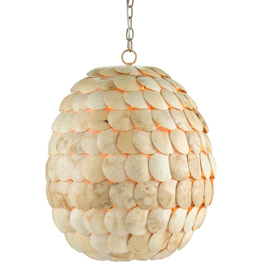Buko Pendant by Currey and Company in coco cream. Made from wrought iron, coco shell in a coastal style.