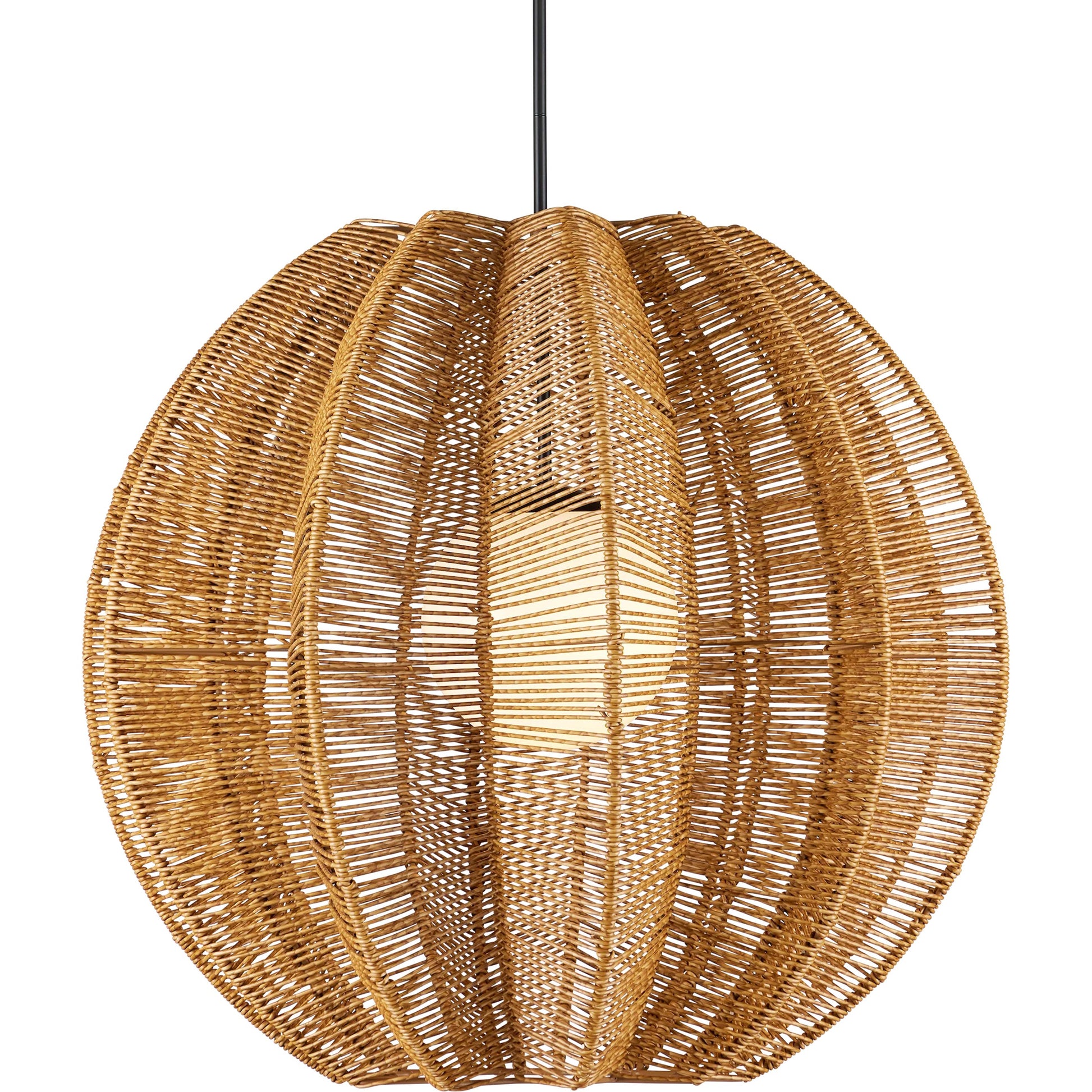Barbary Fluted Outdoor Pendant by Currey and Company in natural, black, frosted white. Made from all-weather wicker, metal, glass in a rustic style.