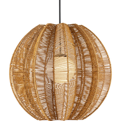 Barbary Fluted Outdoor Pendant by Currey and Company in natural, black, frosted white. Made from all-weather wicker, metal, glass in a rustic style.