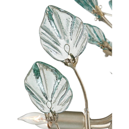 Baobab Chandelier by Currey and Company in clear, contemporary silver leaf. Made from recycled glass, wrought iron in a modern style.