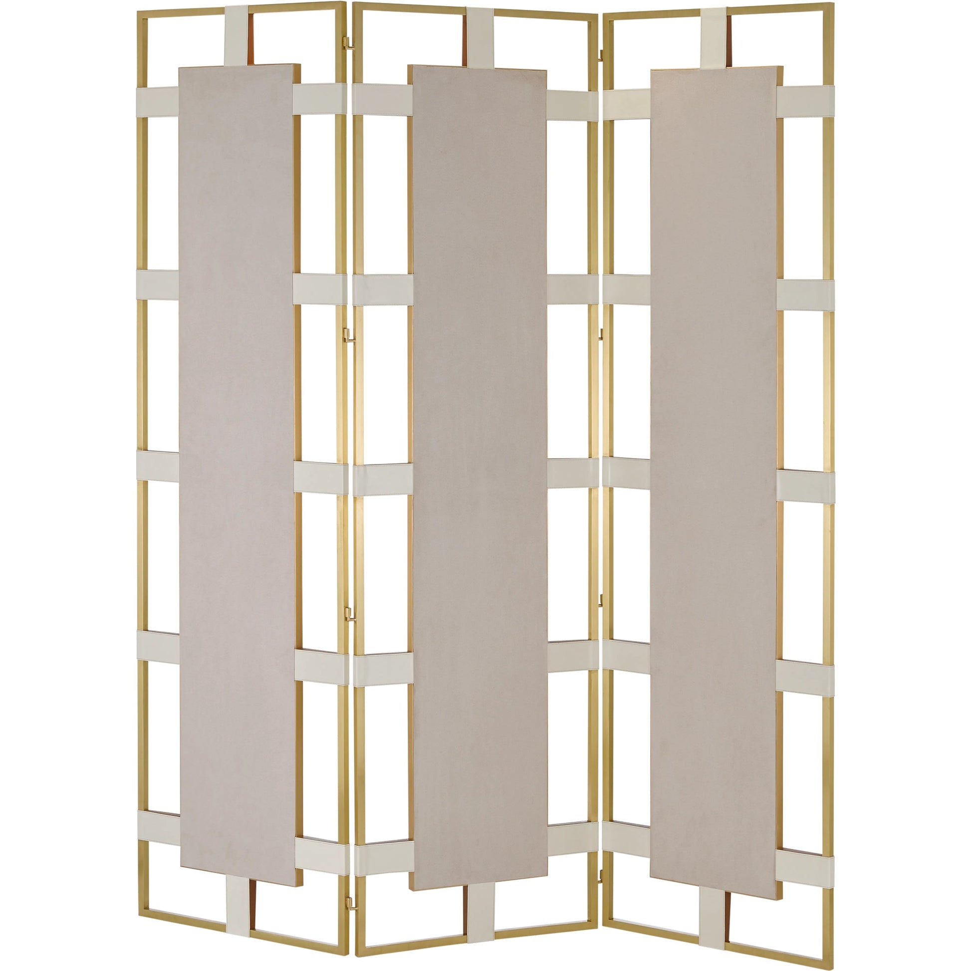 Camille Screen by Currey and Company in cream, brushed brass, mirror. Made from leather, brass, wood, glass in a transitional style.