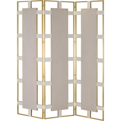 Camille Screen by Currey and Company in cream, brushed brass, mirror. Made from leather, brass, wood, glass in a transitional style.