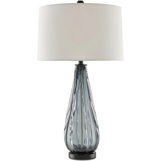Nightcap Table Lamp by Currey and Company in blue-gray, clear, black. Made from glass, metal in a traditional style.