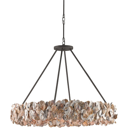 Oyster Circle Chandelier by Currey and Company in textured bronze, natural. Made from wrought iron, oyster shell in a coastal style.