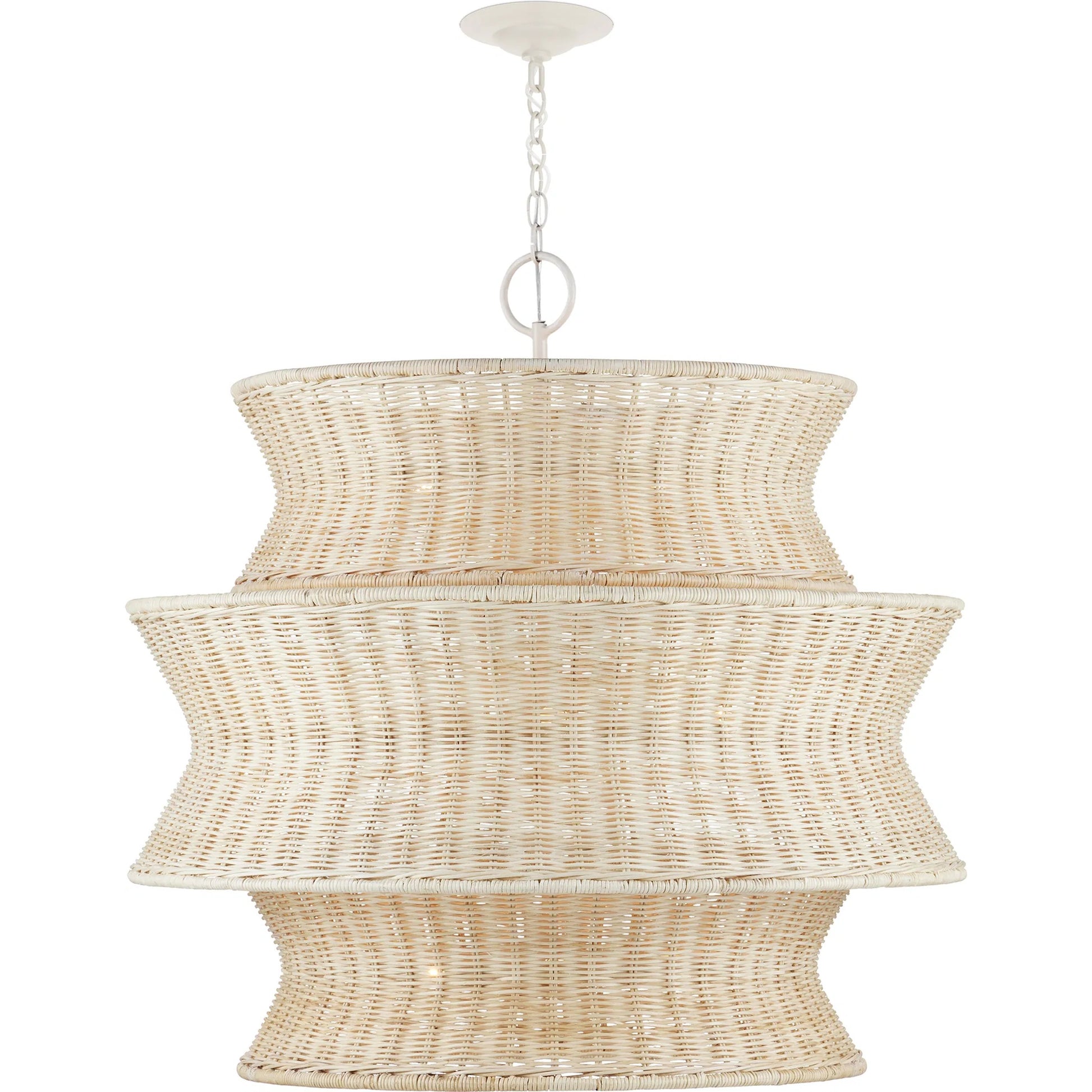 Phebe Rattan Chandelier by Currey and Company in bleached natural, vanilla. Made from rattan, wrought iron in a cottage & farmhouse style.
