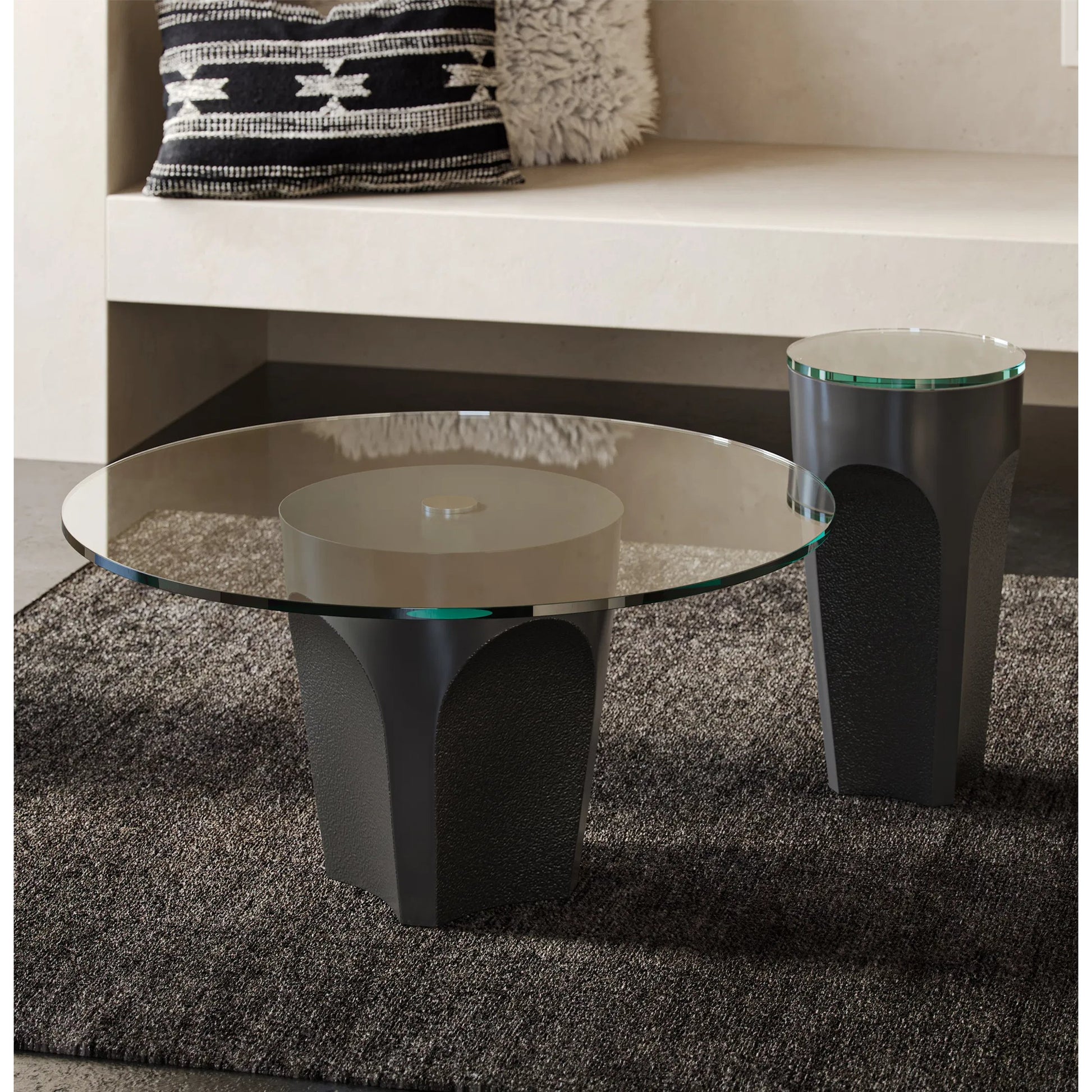 Lemy Cocktail Table by Currey and Company. Made from stainless steel, tempered glass in a modern style.