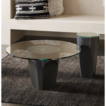 Lemy Cocktail Table by Currey and Company. Made from stainless steel, tempered glass in a modern style.