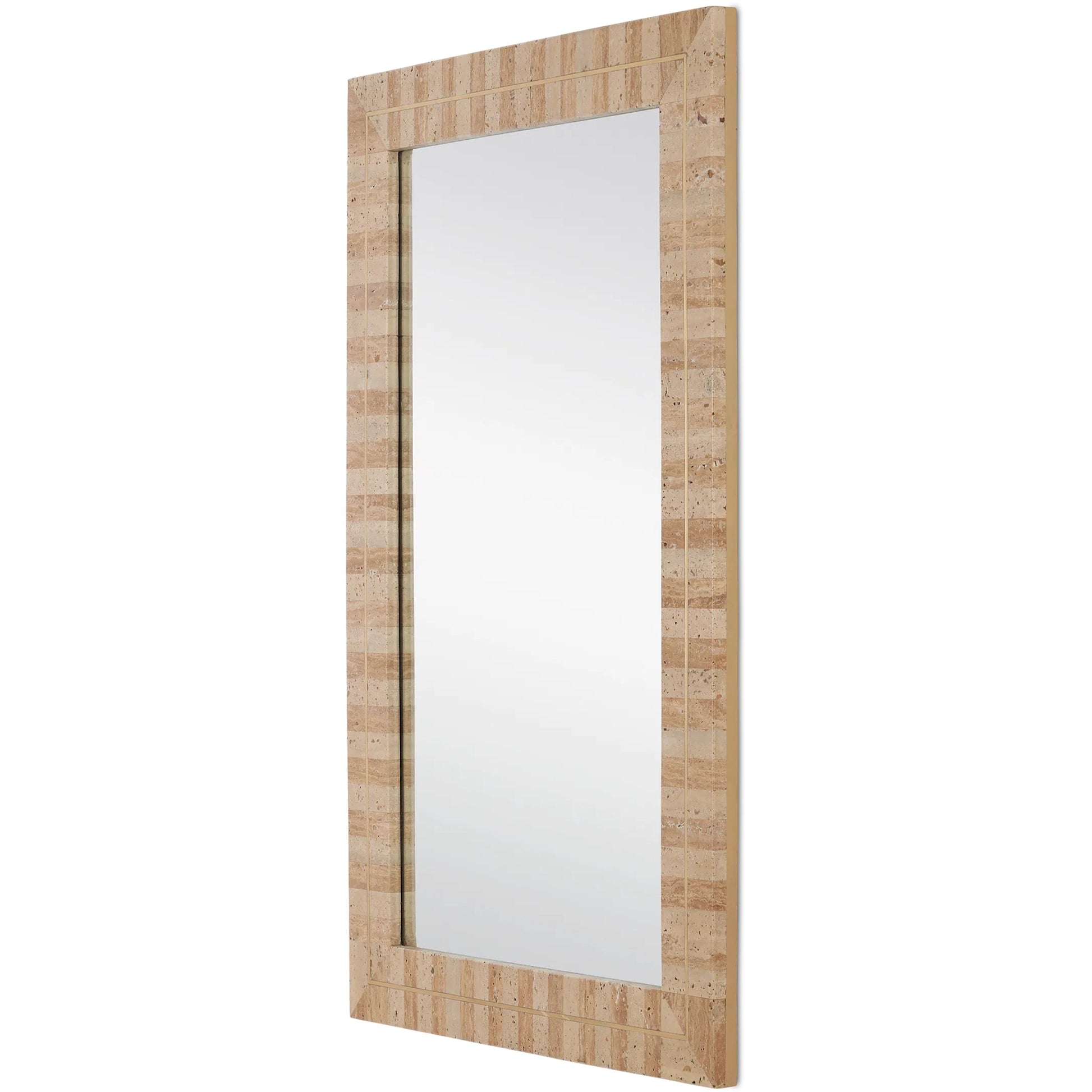 Dezi Mirror by Currey and Company in natural, brass. Made from travertine, brass, engineered wood, glass in a transitional style.
