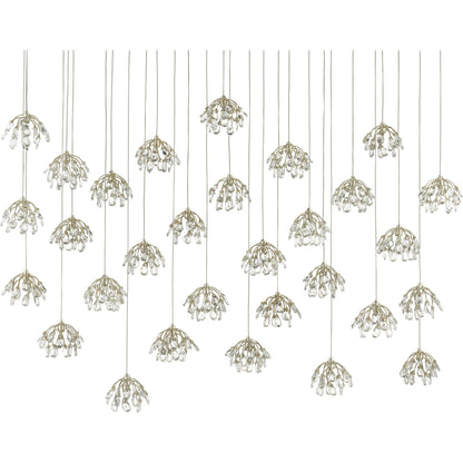Crystal Bud Linear Pendant by Currey and Company in painted silver, contemporary silver leaf. Made from crystal, wrought iron in a transitional style.