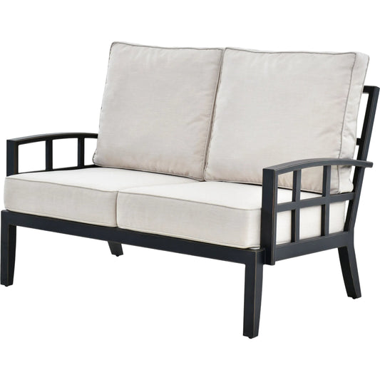Fairborn Loveseat by Surya in black. Made from sunbrella, acrylic, aluminum, quick dry foam in a modern style.