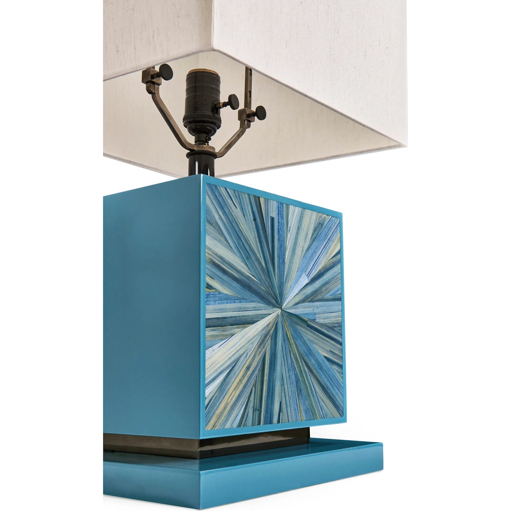 Sapphire Cube Table Lamp by Jonathan Charles in azure blue straw. Made from main straw in a unique style.