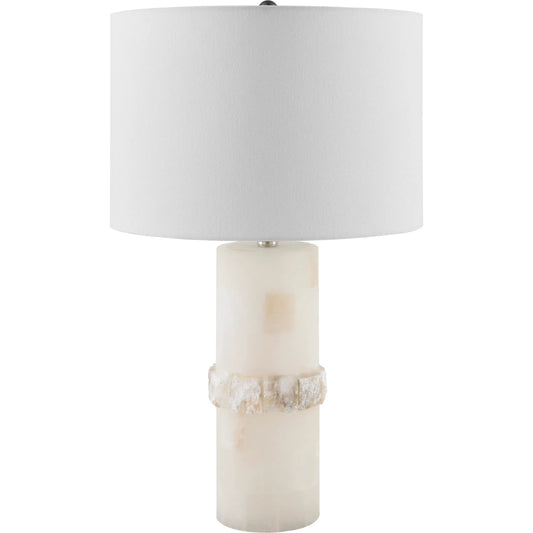 Falaise 626522 Accent Table Lamp by Surya in body: cream; shade (outside): cream; shade (inside): white; finial: metallic - nickel; harp: metallic - nickel; cord: translucent and burnishedplated. Made from stone, linen, iron