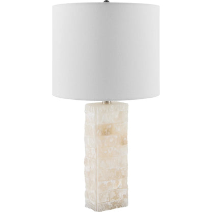 Falaise 626531 Accent Table Lamp by Surya in cream, translucent, metallic nickel, white and carvedplated. Made from stone, linen, iron in a transitional style.