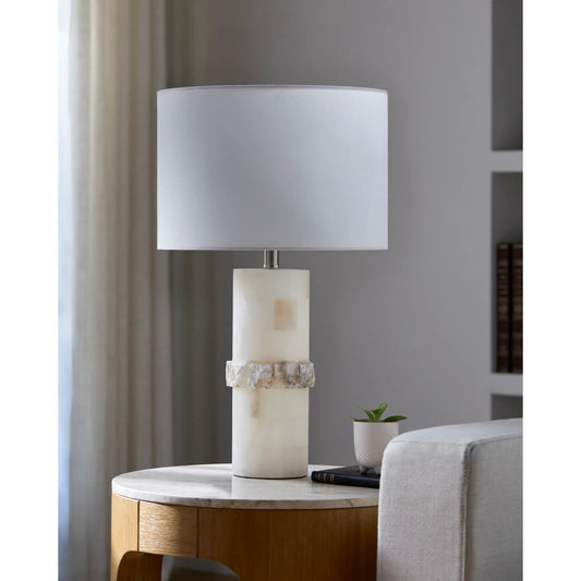 Falaise 626522 Accent Table Lamp by Surya in body: cream; shade (outside): cream; shade (inside): white; finial: metallic - nickel; harp: metallic - nickel; cord: translucent and burnishedplated. Made from stone, linen, iron in